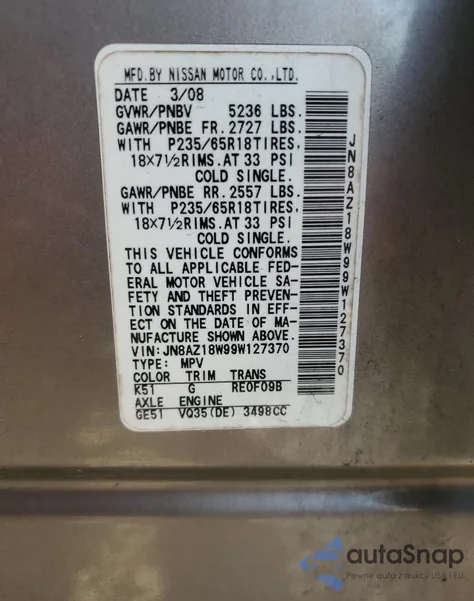 2009 Nissan Murano S z USA, uszkodzony, nr VIN JN8AZ18W99W127370